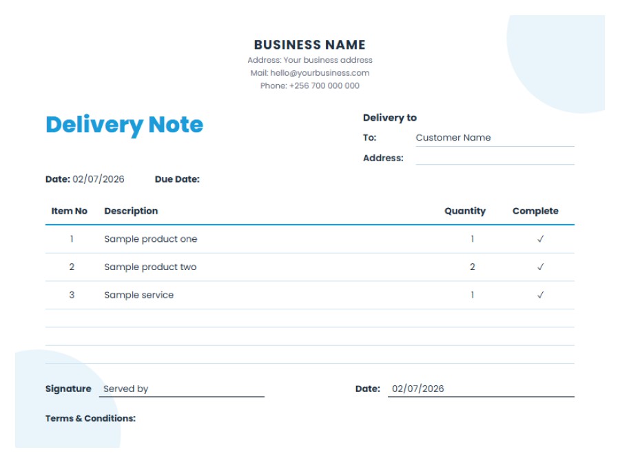 Sky Delivery Note